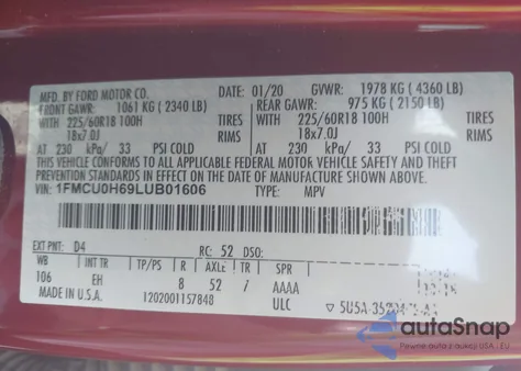 2020 Ford Escape Sel z USA, uszkodzony, nr VIN 1FMCU0H69LUB01606